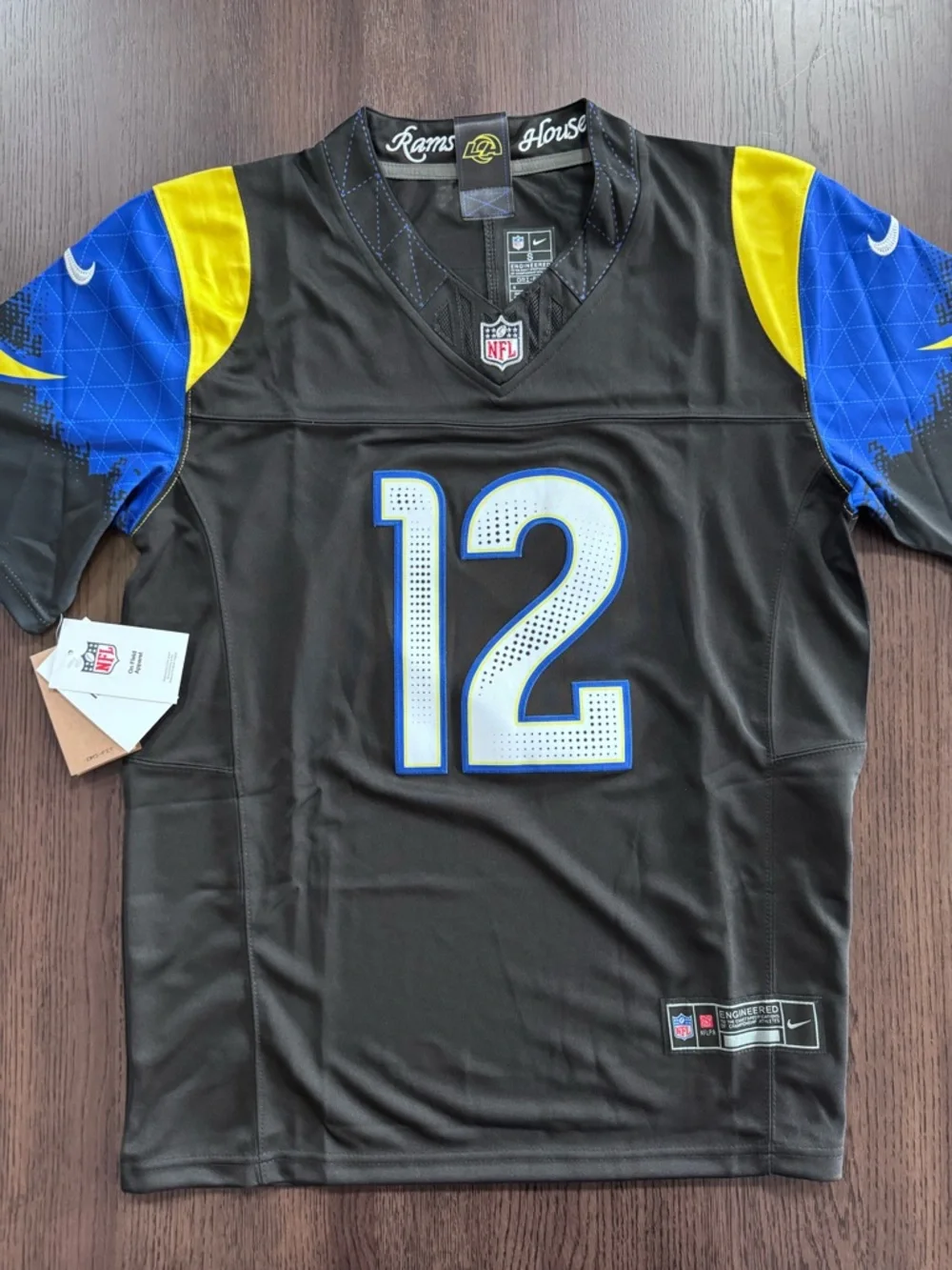 Nike Los Angeles Rams Black Jersey with Blue and Yellow Accents #12